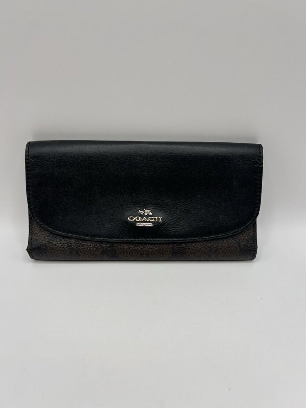 Coach F57319 Signature Monogram Tri-Fold Long Checkbook Wallet PVC Leather Brown - Picture 2 of 16